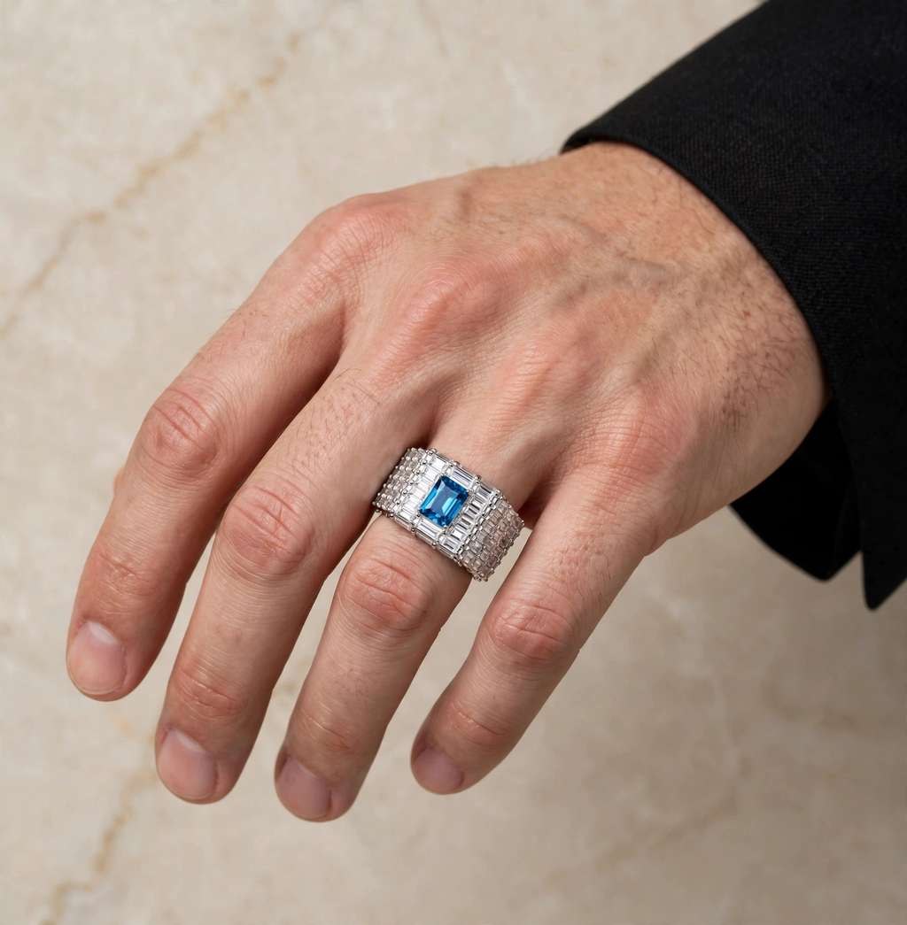 Wide Baguette Cubic Zirconia Statement Ring in 925 Sterling Silver with Large Blue Center Stone Size 12.5 (5)