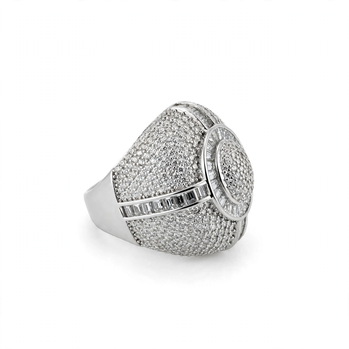 Men’s 925 Sterling Silver Moissanite Pavé and Baguette Dome Cocktail Ring 9.7ct Size 11 (2)