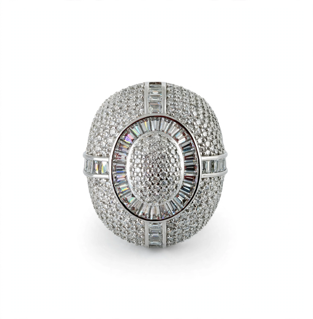 Men’s 925 Sterling Silver Moissanite Pavé and Baguette Dome Cocktail Ring 9.7ct Size 11