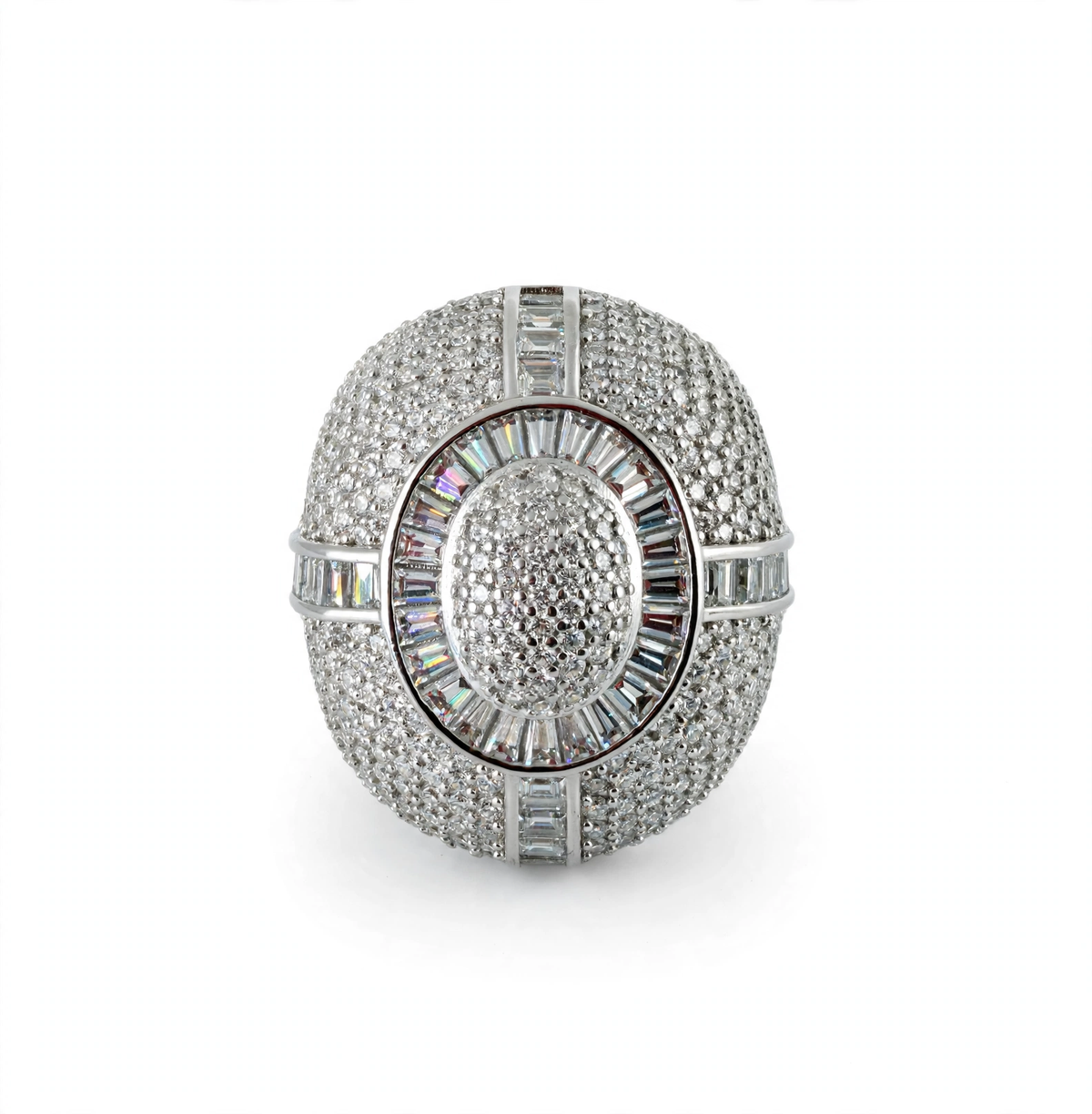 Men’s 925 Sterling Silver Moissanite Pavé and Baguette Dome Cocktail Ring 9.7ct Size 11