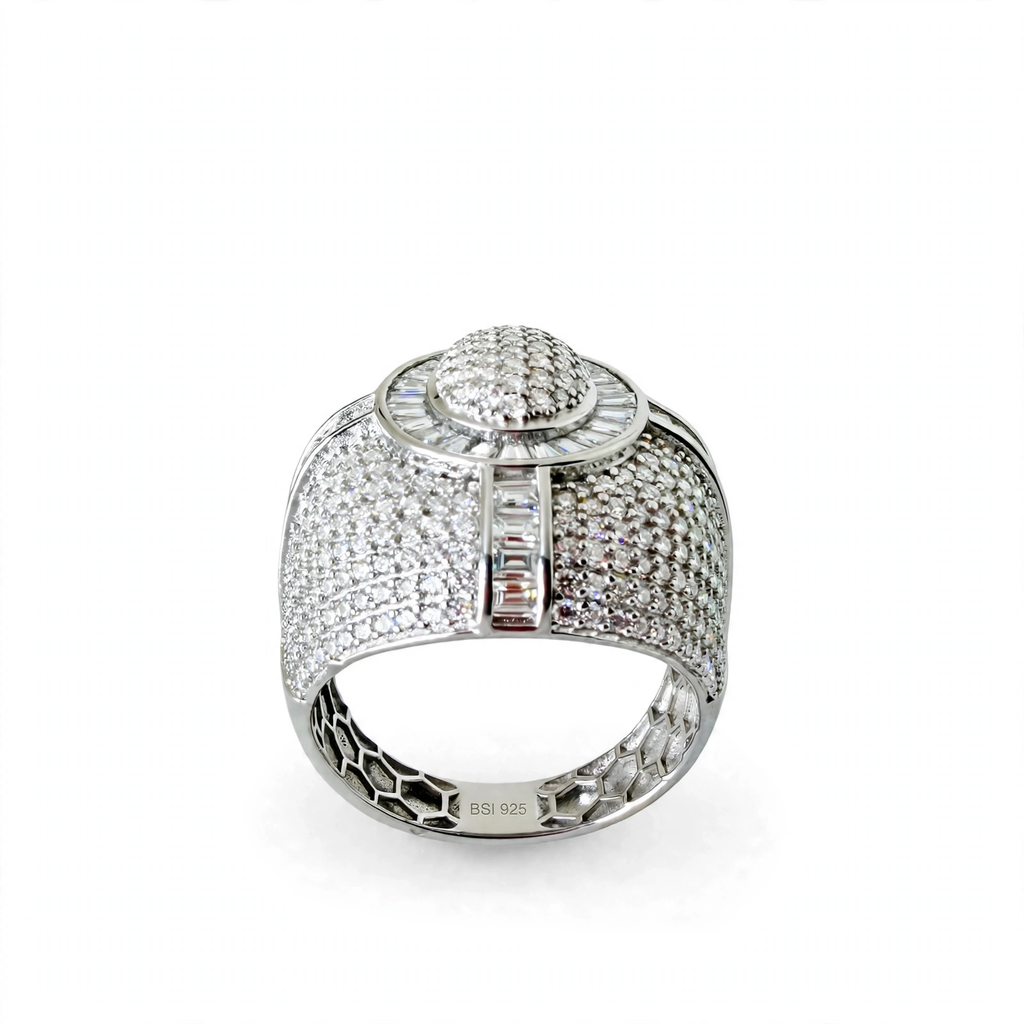 Men’s 925 Sterling Silver Moissanite Pavé and Baguette Dome Cocktail Ring 9.7ct Size 11 (6)