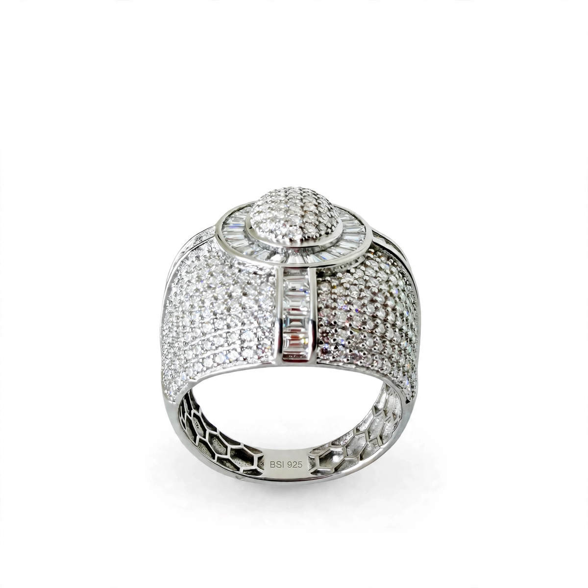 Men’s 925 Sterling Silver Moissanite Pavé and Baguette Dome Cocktail Ring 9.7ct Size 11 (6)