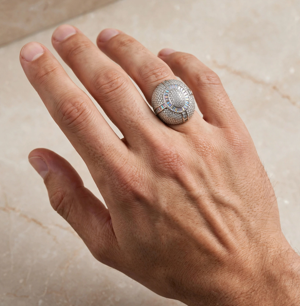 Men’s 925 Sterling Silver Moissanite Pavé and Baguette Dome Cocktail Ring 9.7ct Size 11 (7)
