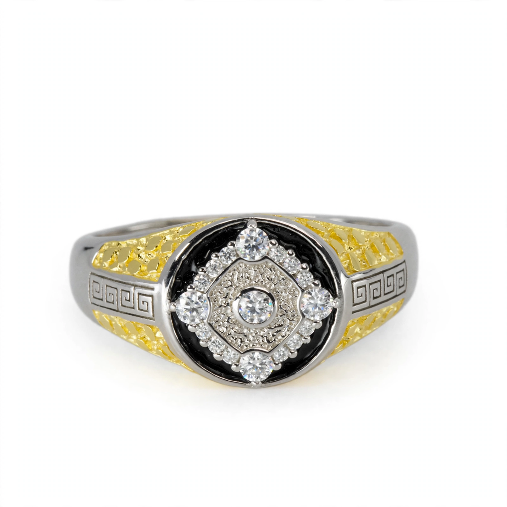 Two-Tone Silver Greek Key Signet Ring with Black Moissanite