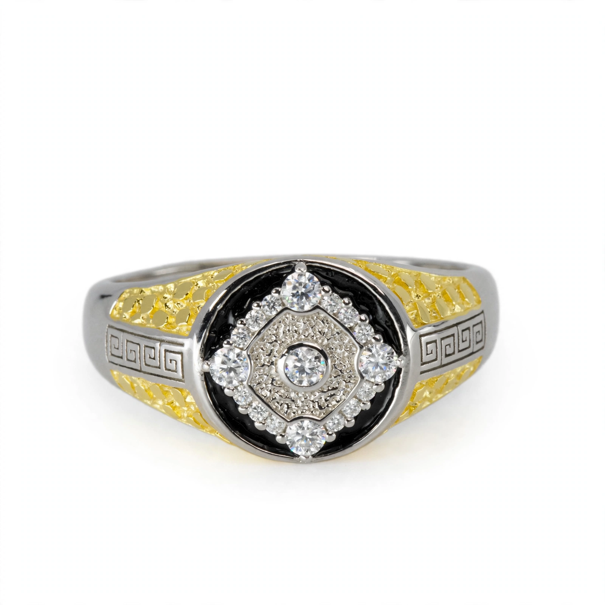 Two-Tone Silver Greek Key Signet Ring with Black Moissanite