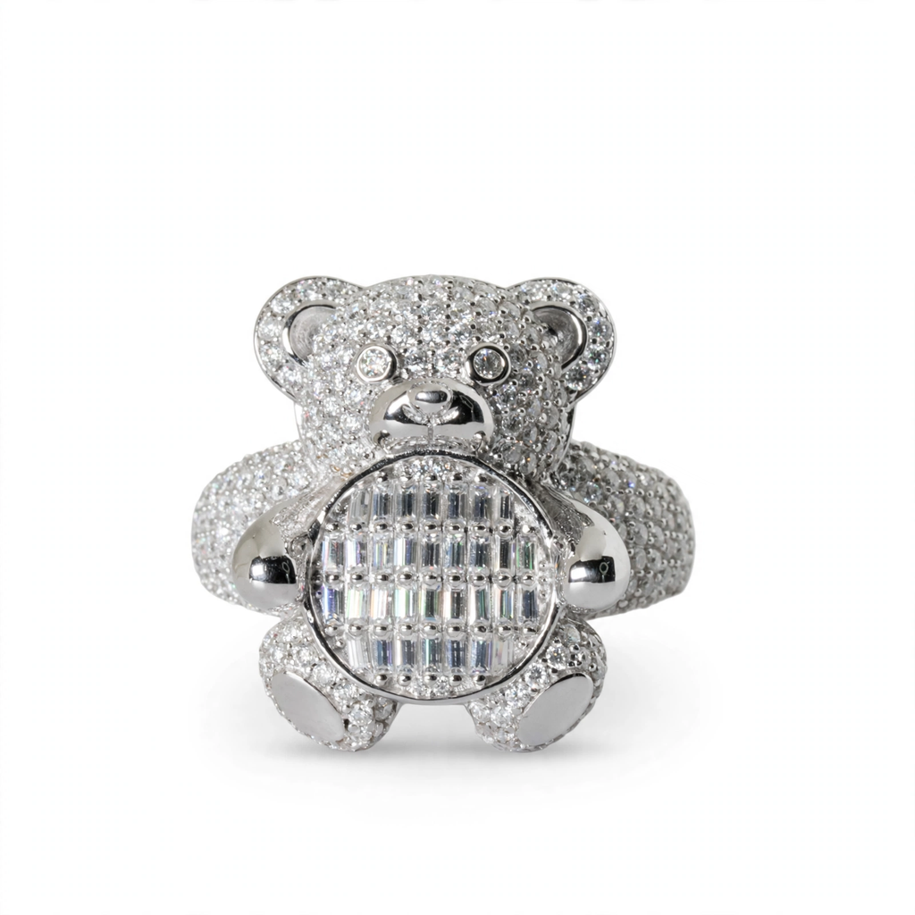 Teddy Bear Cocktail Ring in Silver with Moissanite