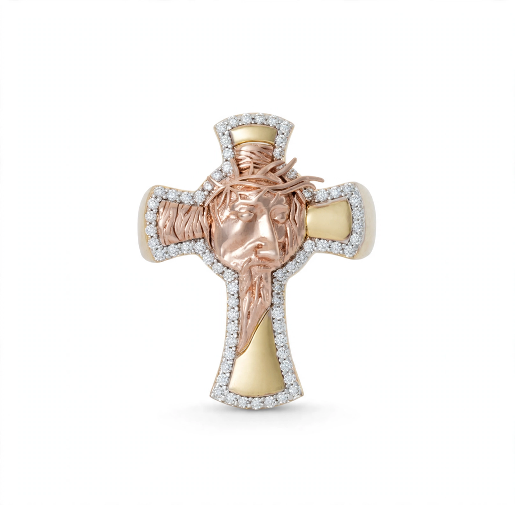 Men's 14K Gold Over Silver Cross Ring with Moissanite Halo and Jesus Face, Size 9