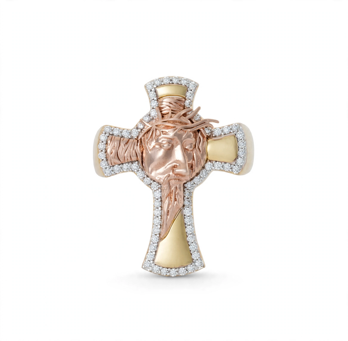 Men's 14K Gold Over Silver Cross Ring with Moissanite Halo and Jesus Face, Size 9