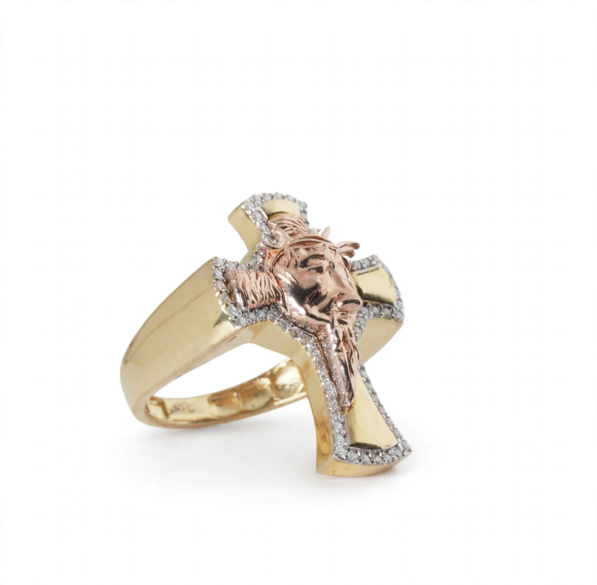 Men's 14K Gold Over Silver Cross Ring with Moissanite Halo and Jesus Face, Size 9 (2)