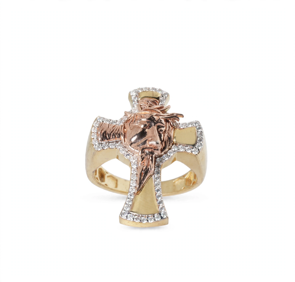 Men's 14K Gold Over Silver Cross Ring with Moissanite Halo and Jesus Face, Size 9 (3)