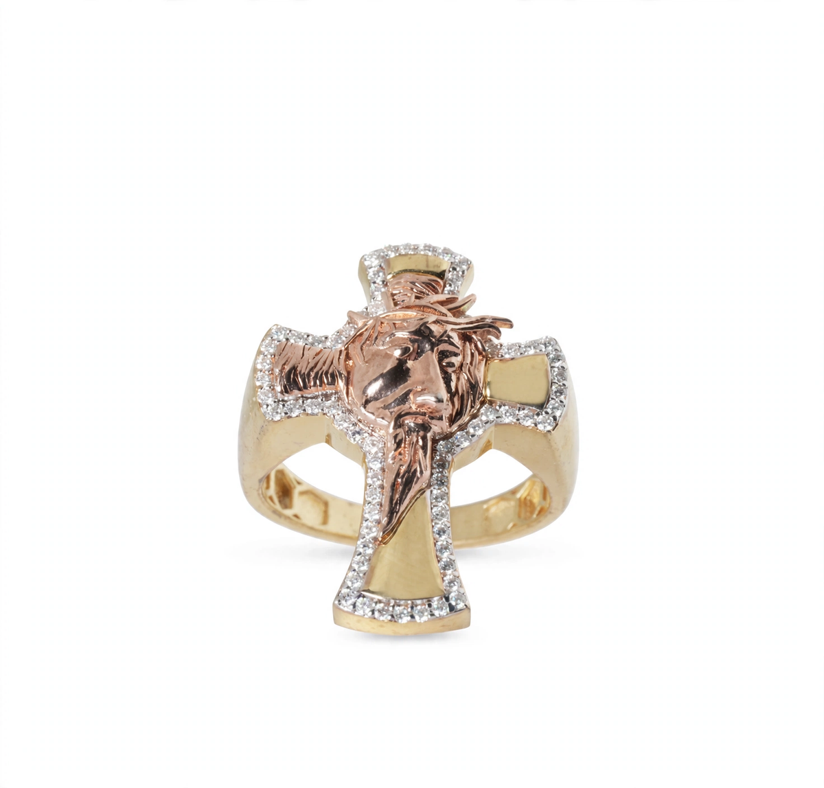 Men's 14K Gold Over Silver Cross Ring with Moissanite Halo and Jesus Face, Size 9 (3)