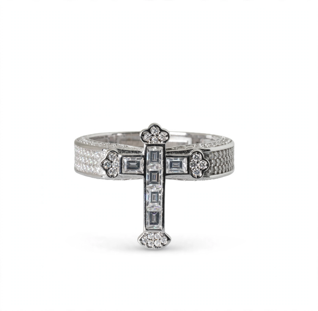 Sterling Silver Moissanite Cross Baguette and Pavé Ring 2.63ct