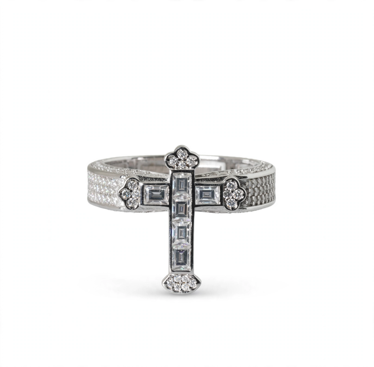 Sterling Silver Moissanite Cross Baguette and Pavé Ring 2.63ct