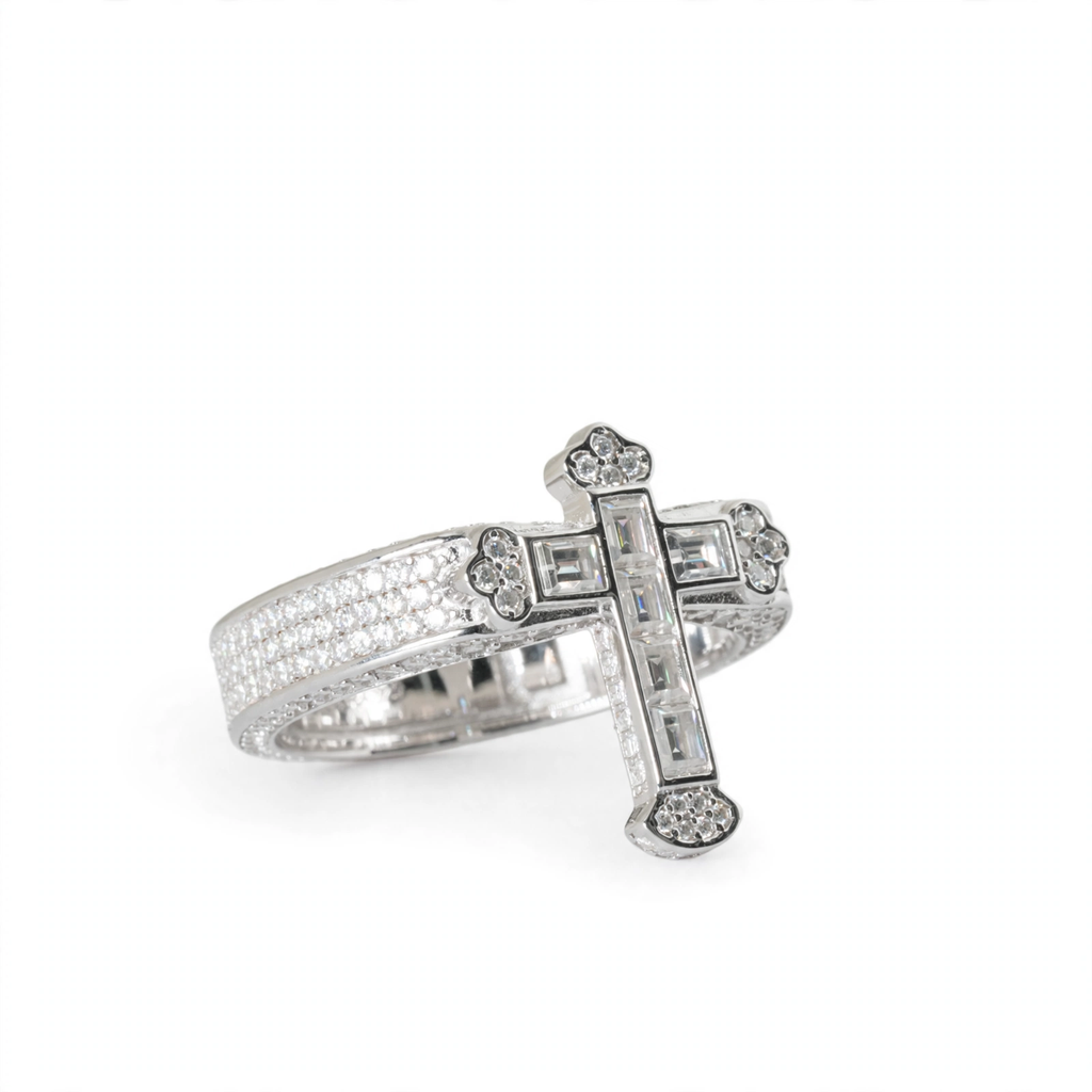 Sterling Silver Moissanite Cross Baguette and Pavé Ring 2.63ct (2)