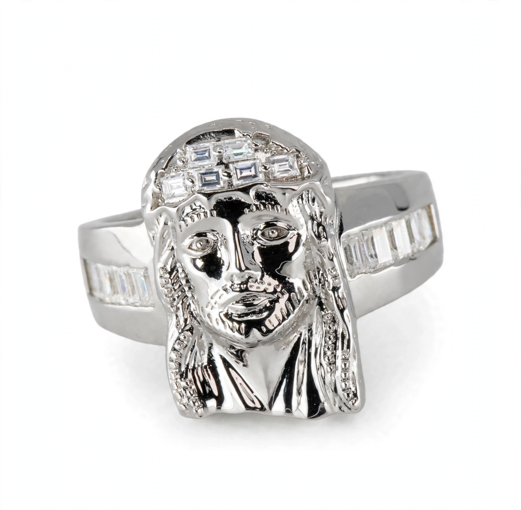 Silver Jesus Head Ring with Moissanite