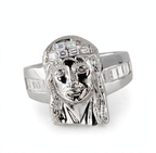 Silver Jesus Head Ring with Moissanite
