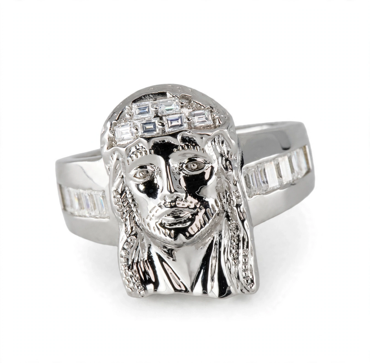Silver Jesus Head Ring with Moissanite