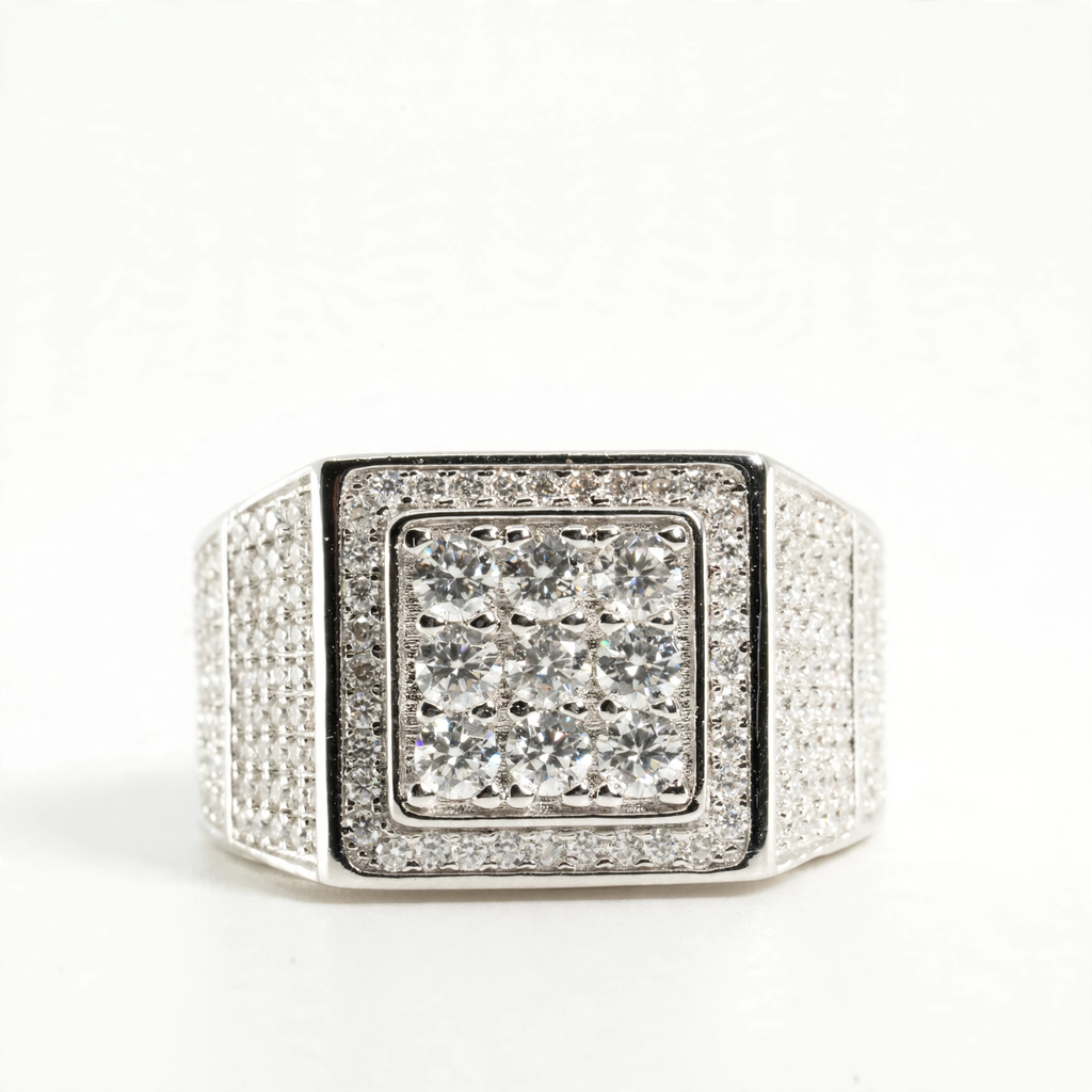 Men's 925 Sterling Silver Square Pavé Moissanite Cluster Ring 4ct