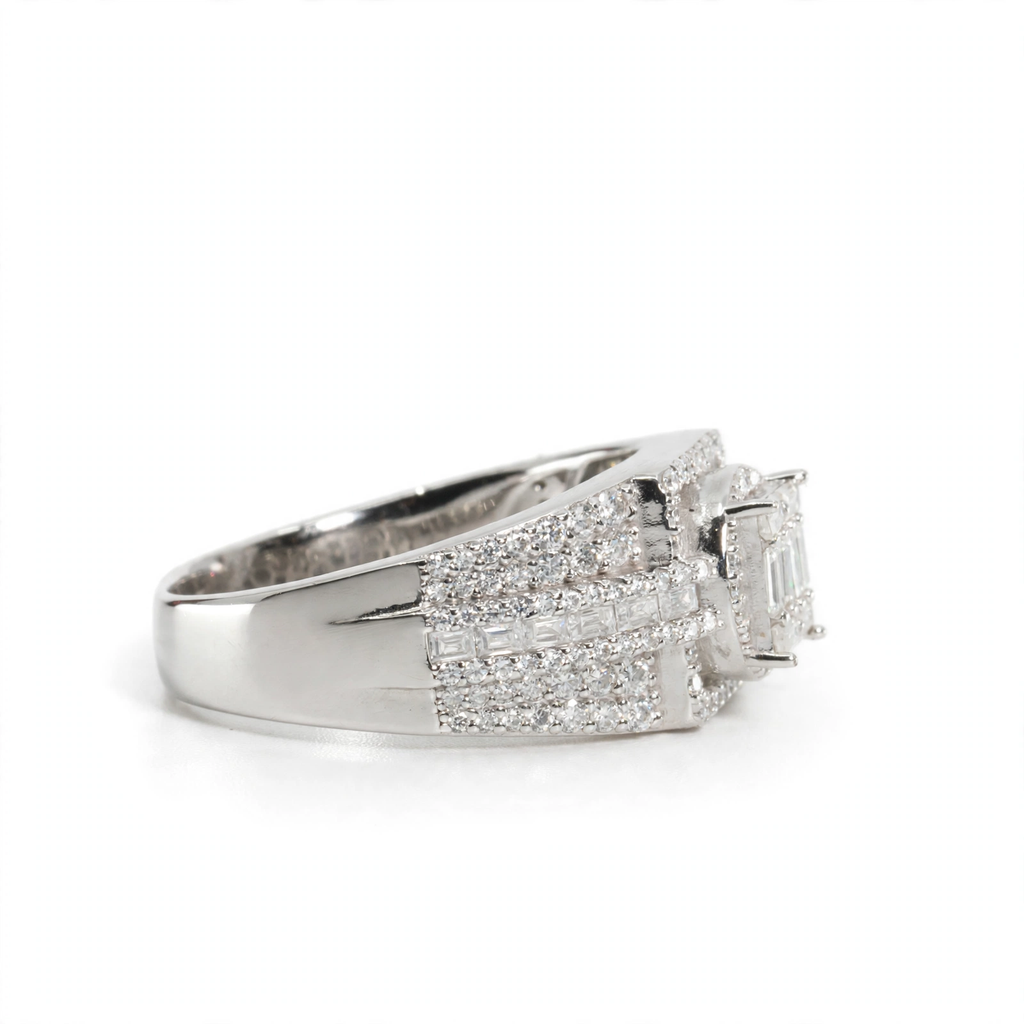 Men's 925 Sterling Silver Multi-Row Baguette and Round Moissanite Cluster Ring 3.0ct Size 10 (2)