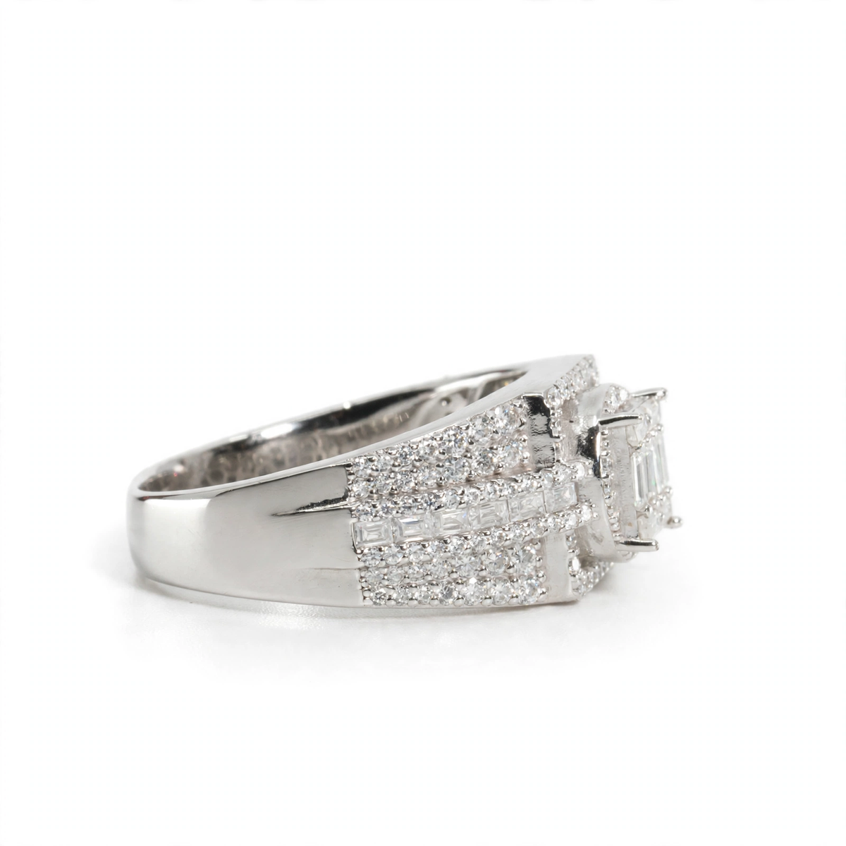 Men's 925 Sterling Silver Multi-Row Baguette and Round Moissanite Cluster Ring 3.0ct Size 10 (2)