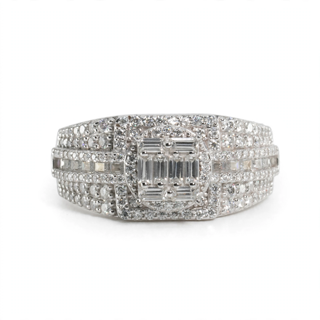 Men's 925 Sterling Silver Multi-Row Baguette and Round Moissanite Cluster Ring 3.0ct Size 10
