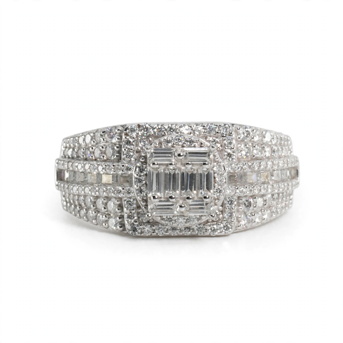Men's 925 Sterling Silver Multi-Row Baguette and Round Moissanite Cluster Ring 3.0ct Size 10