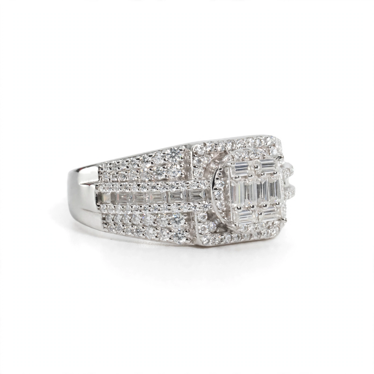 Men's 925 Sterling Silver Multi-Row Baguette and Round Moissanite Cluster Ring 3.0ct Size 10 (3)