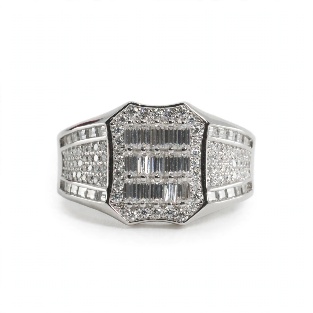 Men's Shield-Cut 925 Silver Wide Band Ring with Baguette and Pavé Moissanite 4.00ct