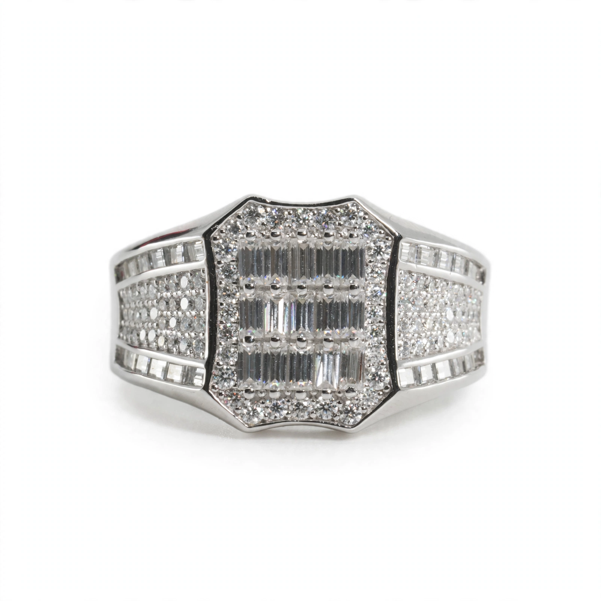 Men's Shield-Cut 925 Silver Wide Band Ring with Baguette and Pavé Moissanite 4.00ct