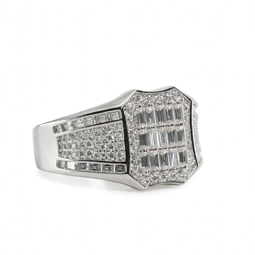 Men's Shield-Cut 925 Silver Wide Band Ring with Baguette and Pavé Moissanite 4.00ct (3)