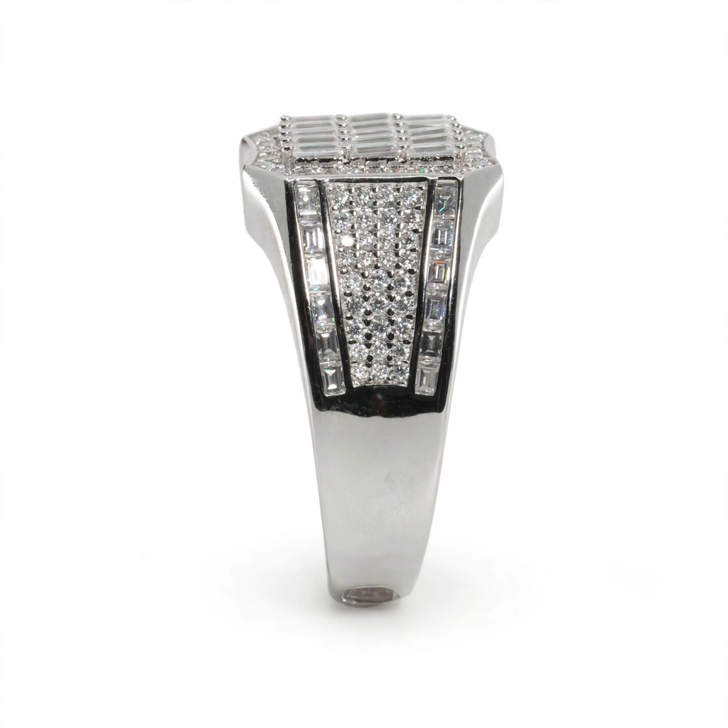 Men's Shield-Cut 925 Silver Wide Band Ring with Baguette and Pavé Moissanite 4.00ct (6)