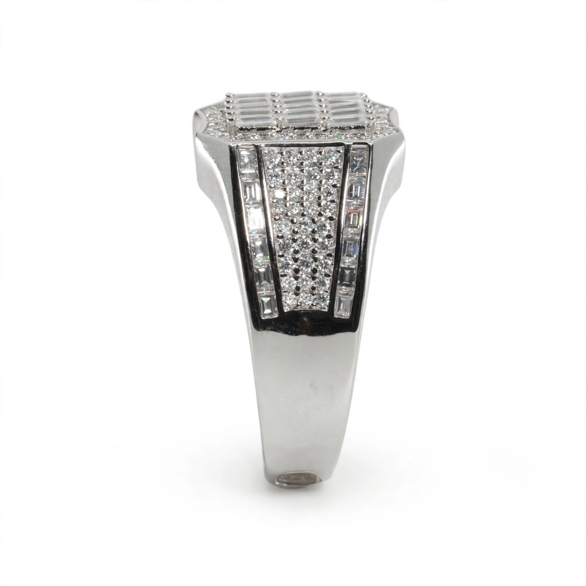 Men's Shield-Cut 925 Silver Wide Band Ring with Baguette and Pavé Moissanite 4.00ct (6)