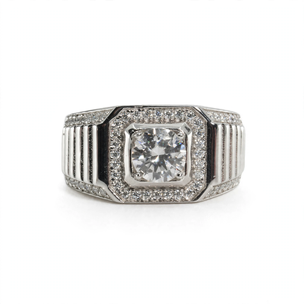 Men's 925 Sterling Silver 2ct Moissanite Halo Statement Ring