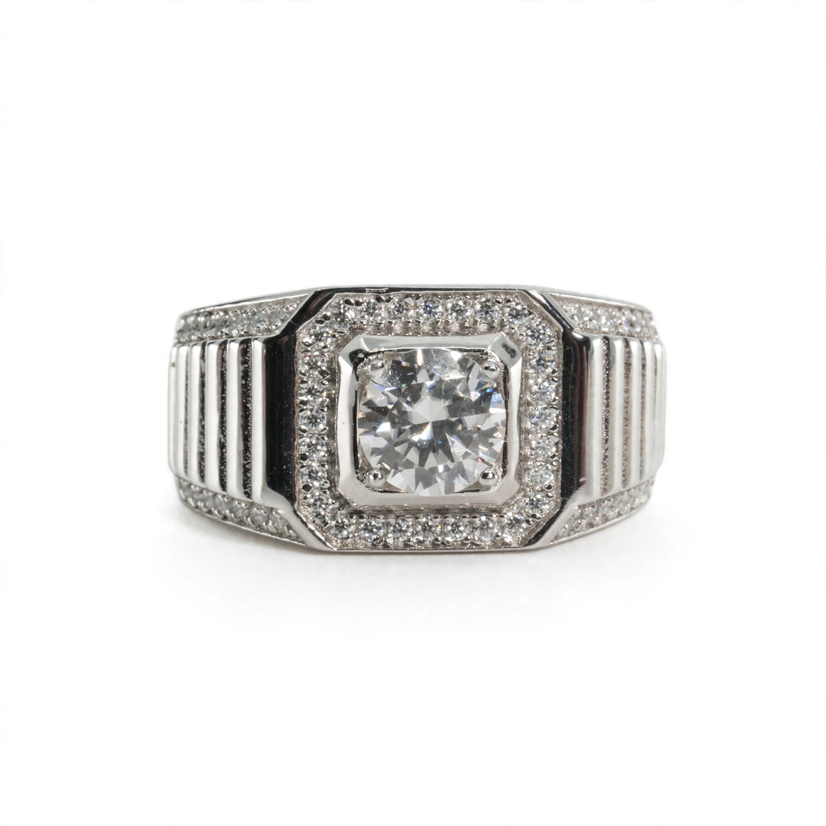 Men's 925 Sterling Silver 2ct Moissanite Halo Statement Ring