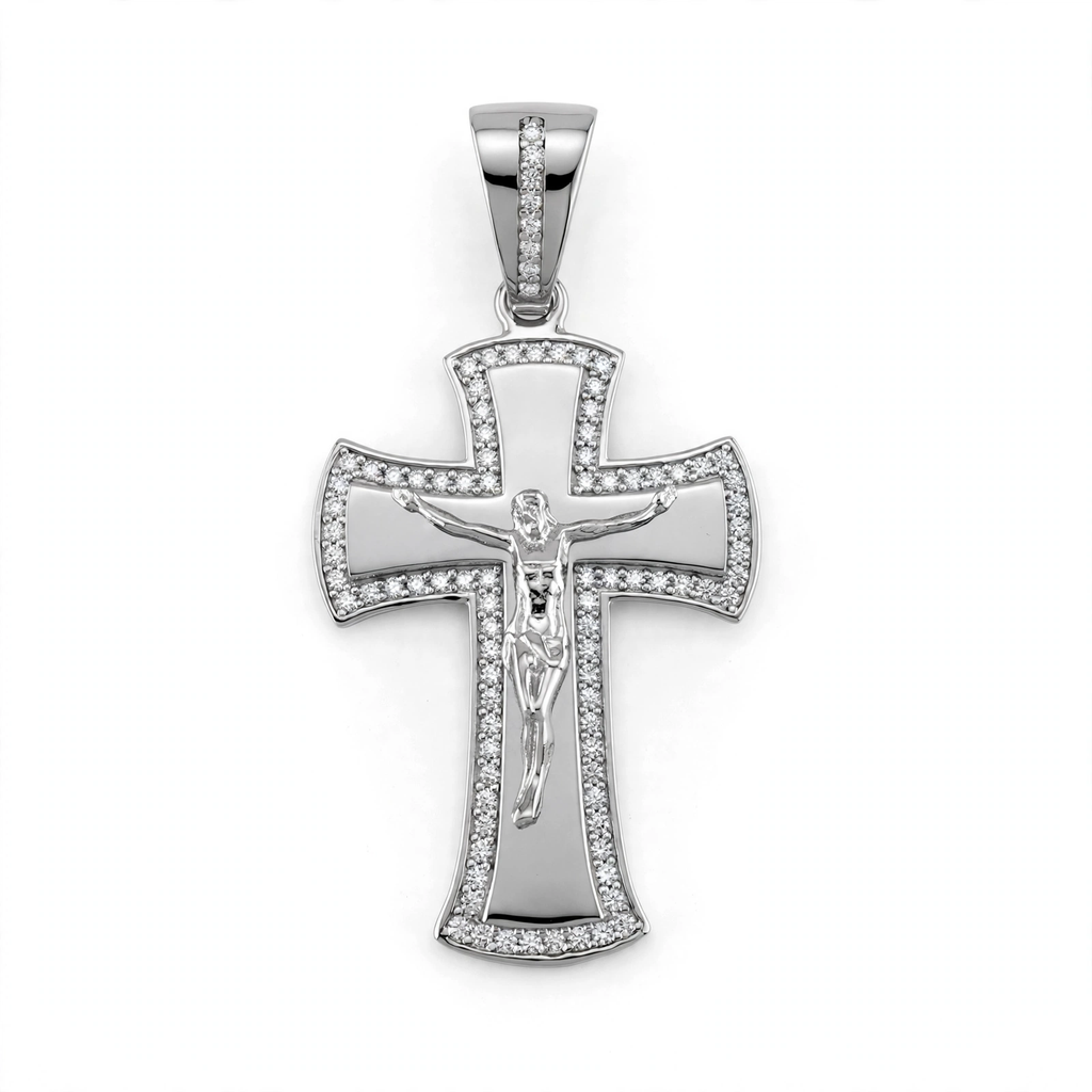 925 Sterling Silver Rhodium Crucifix Pendant with Moissanite Halo, 1.00ct