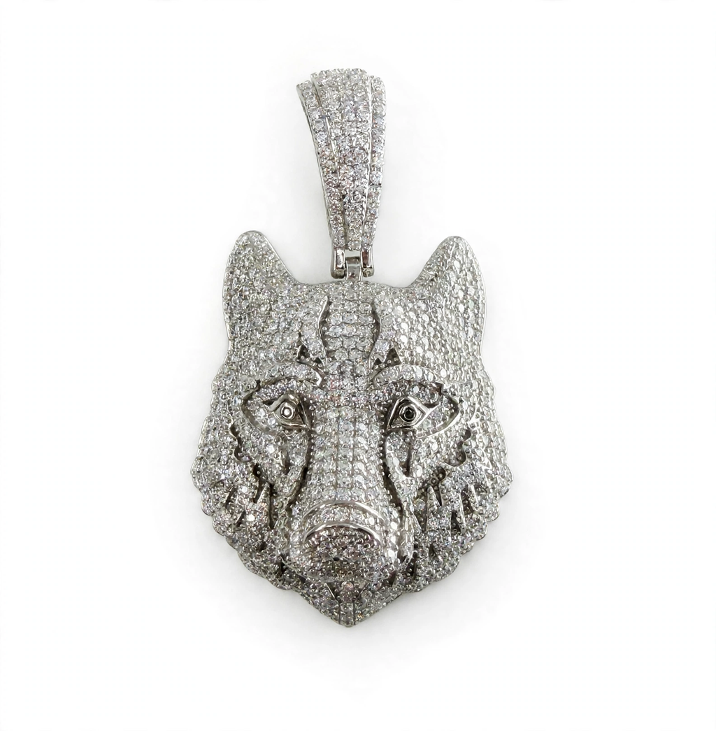 Pavé Moissanite Wolf Head Pendant in Rhodium-Plated 925 Sterling Silver 7.8ct