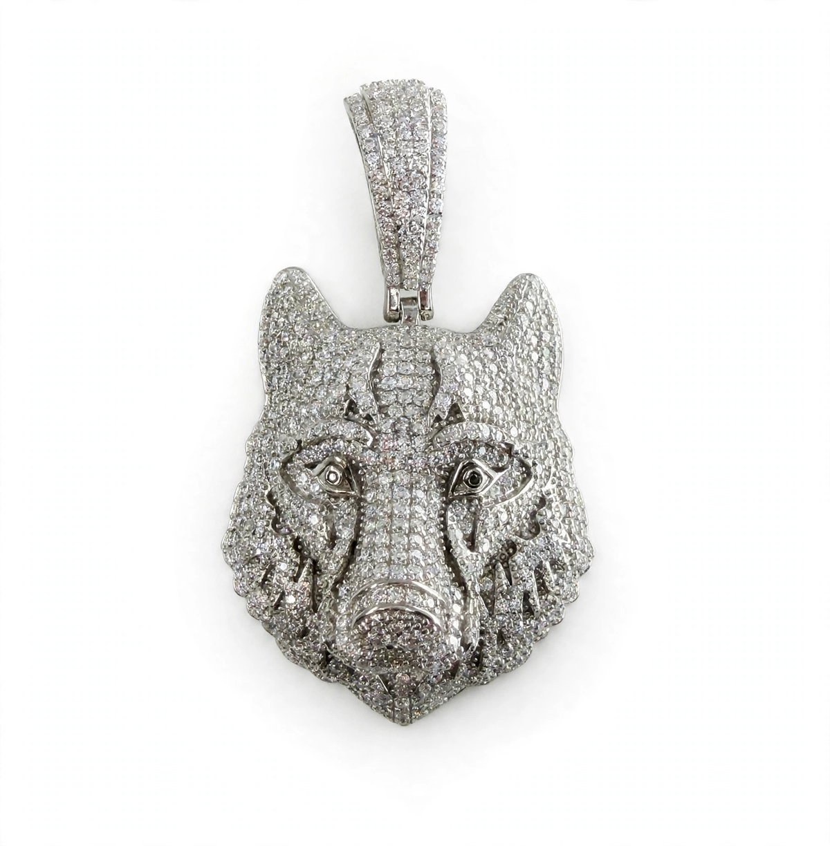 Pavé Moissanite Wolf Head Pendant in Rhodium-Plated 925 Sterling Silver 7.8ct