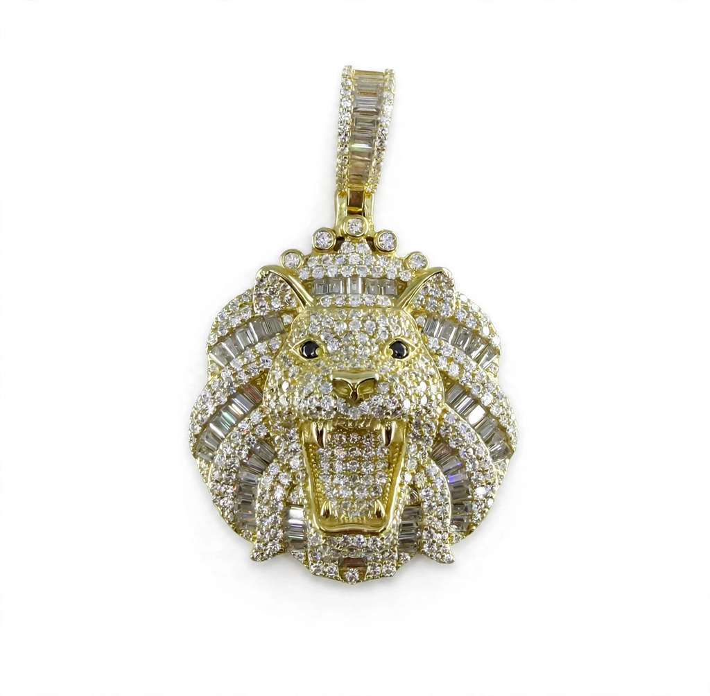 18K Gold Vermeil 925 Silver Moissanite Pavé Lion Head Pendant 7ct