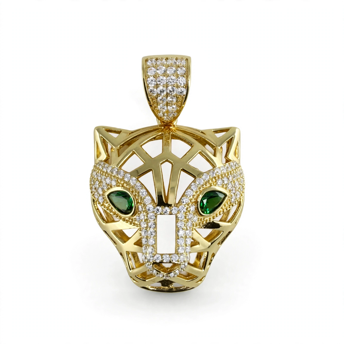 Emerald-Eyed Panther Openwork 14K Gold Over Sterling Silver CZ Pendant