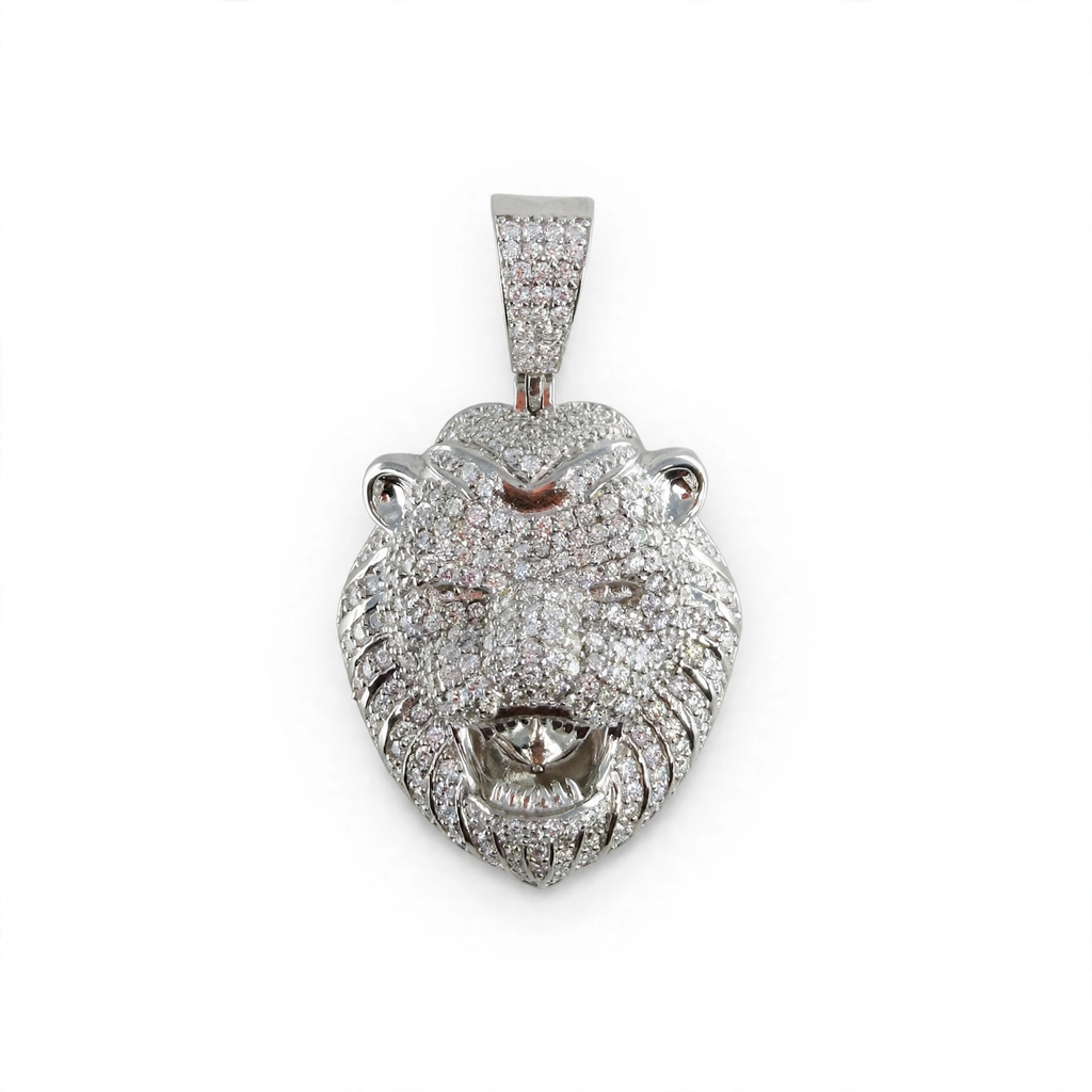 Iced Out Lion Head Pendant in 925 Sterling Silver with Rhodium Finish and 7.06ct Moissanite
