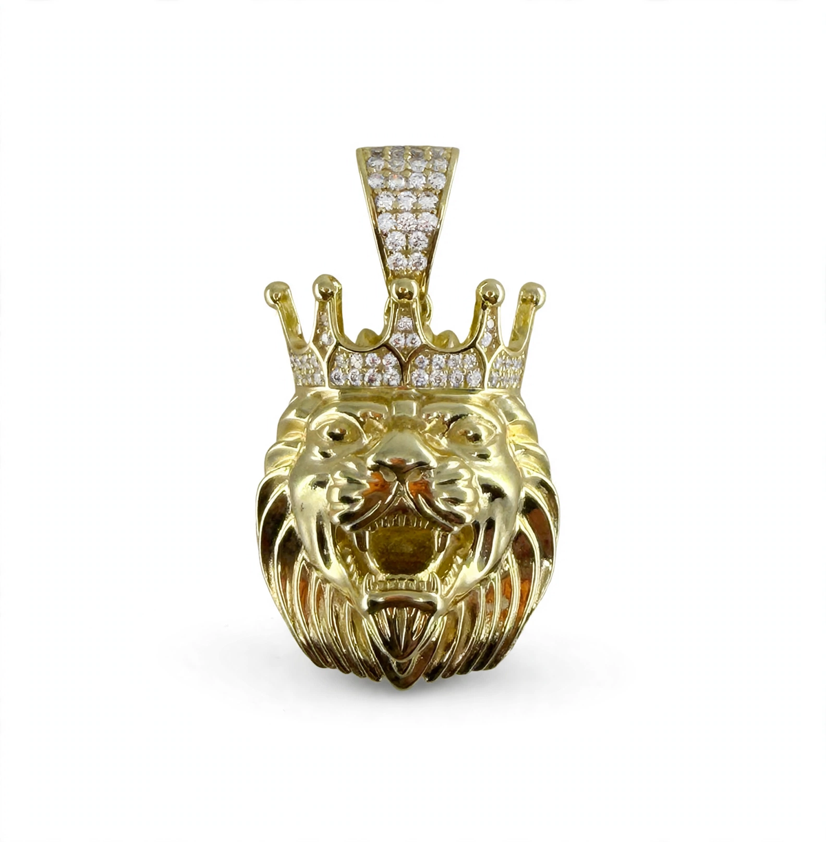 Crowned Lion Head Pendant in 14K Gold Over 925 Silver with Cubic Zirconia