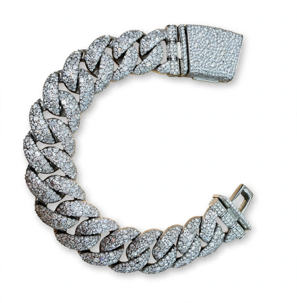20mm Mosaic Emerald Cuban Link Bracelet in 925 Sterling Silver with Moissanite, 30ct 9in