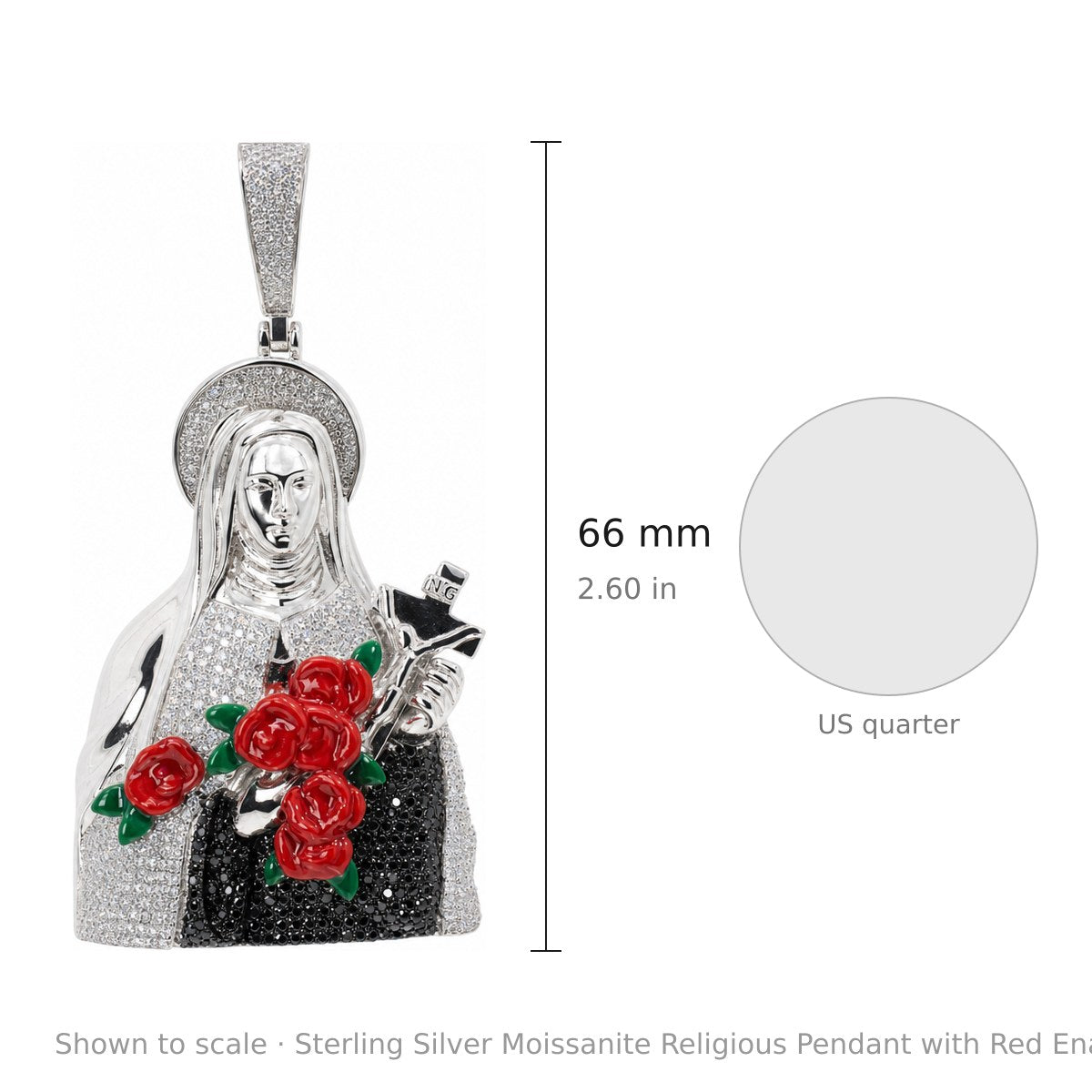 Sterling Silver Moissanite Religious Pendant with Red Enamel Roses 2.64ct (3)