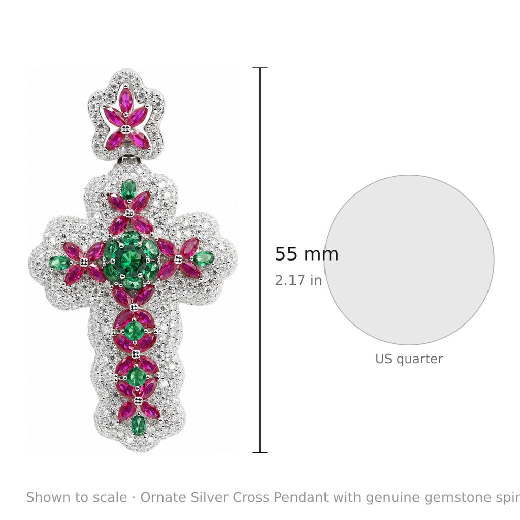 Ornate Silver Cross Pendant with genuine gemstone spinel Moissanite stones (3)