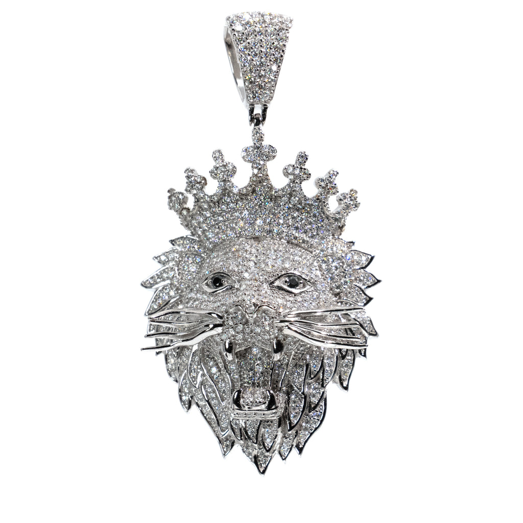 Crowned Lion Head 925 Silver Moissanite Pavé Pendant 7.8ct