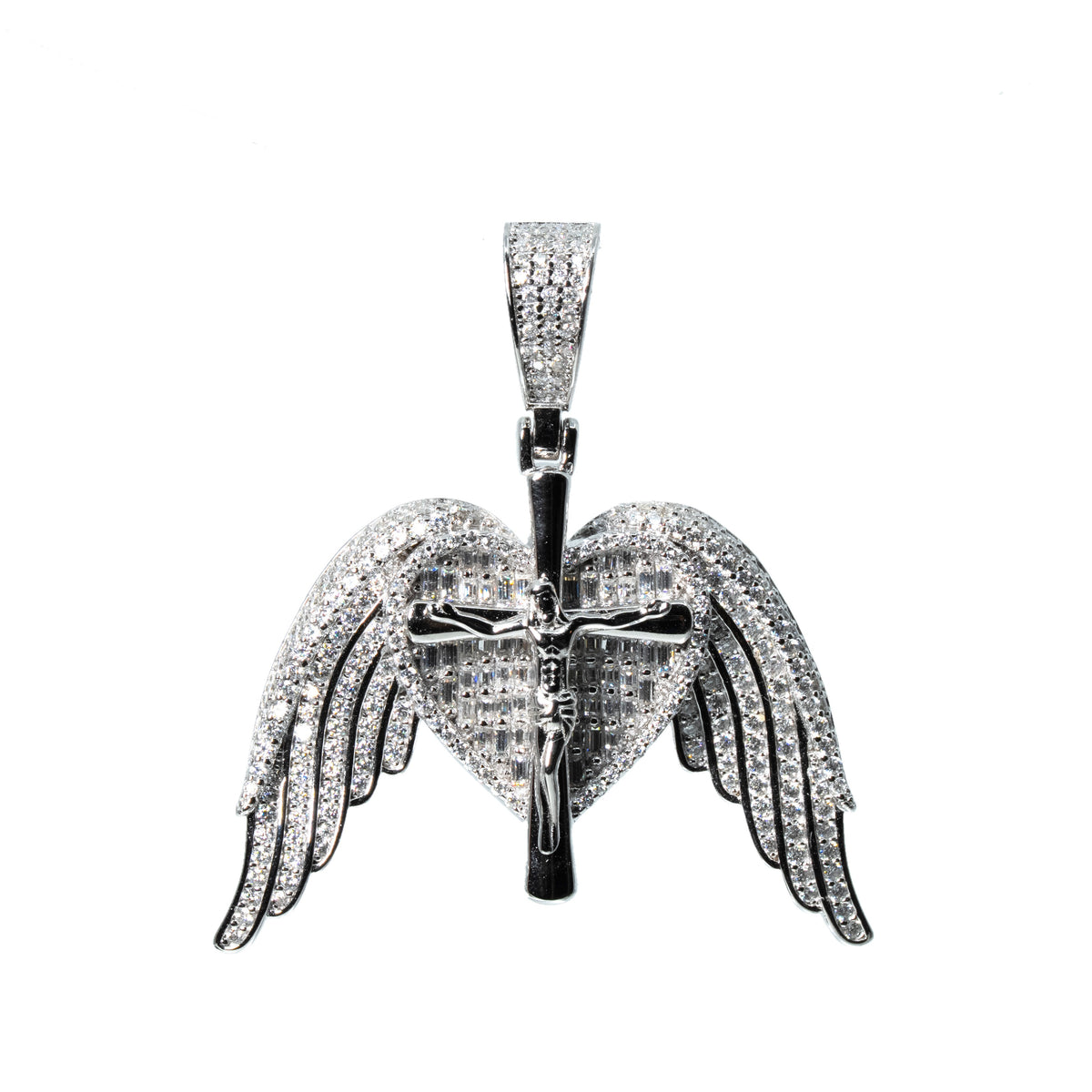 925 Sterling Silver Moissanite Angel Wing Heart Crucifix Pendant 8ct