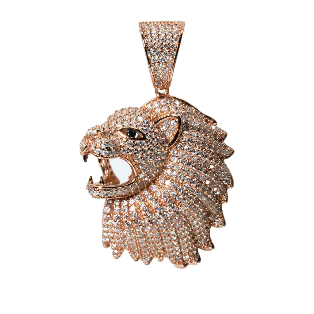 Iced Out Lion Head Pendant in 14K Rose Gold with 4.2ct Moissanite