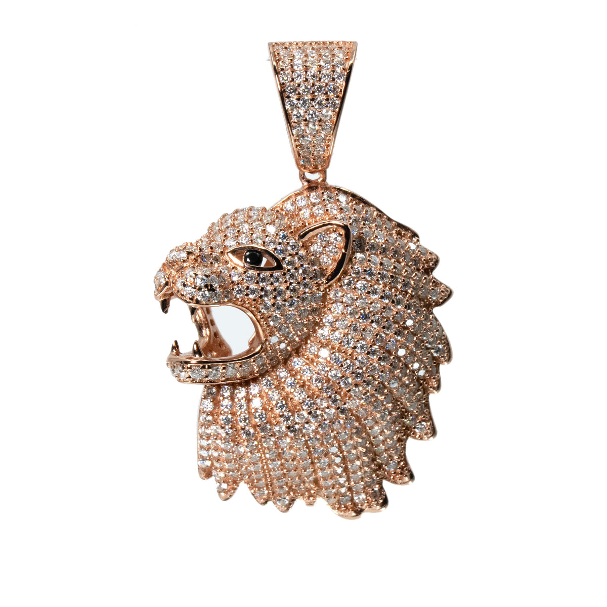 Iced Out Lion Head Pendant in 14K Rose Gold with 4.2ct Moissanite