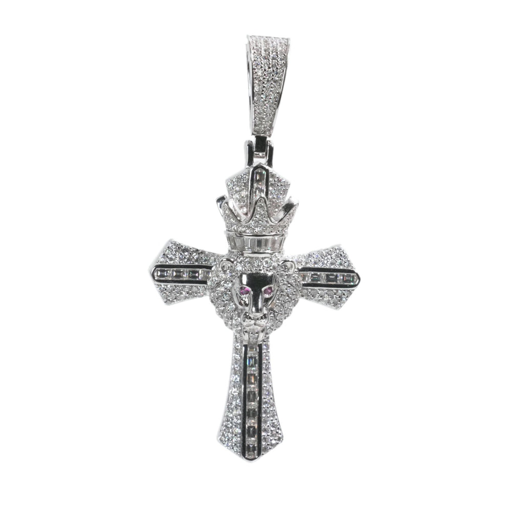 Crowned Lion Head Moissanite Cross Pendant in 925 Sterling Silver 8ct