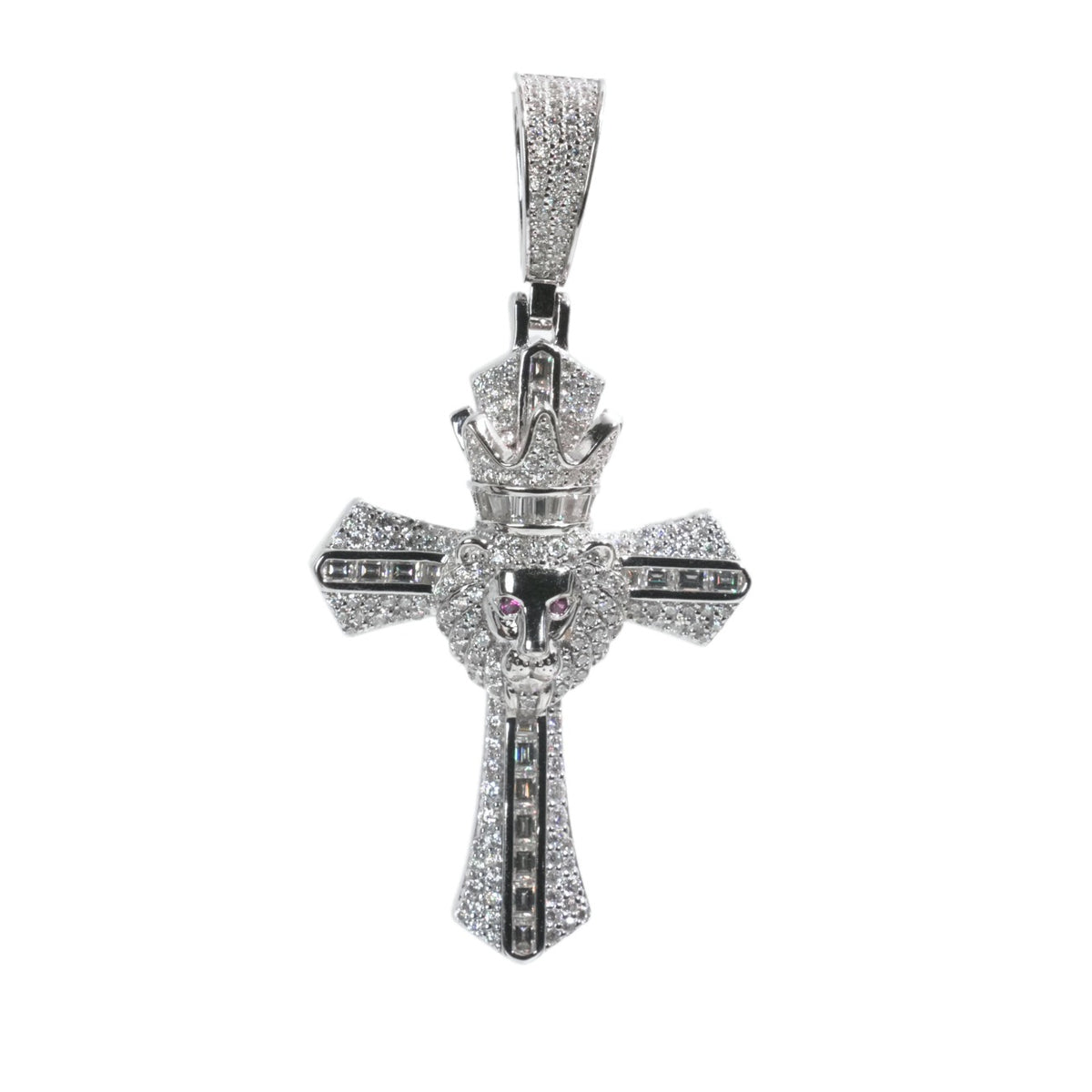 Crowned Lion Head Moissanite Cross Pendant in 925 Sterling Silver 8ct